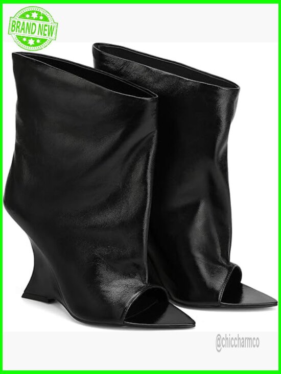 MEEYUS Women Slouchy Open Toe Wedge Ankle Boots - 4.1in Heel PU Booties